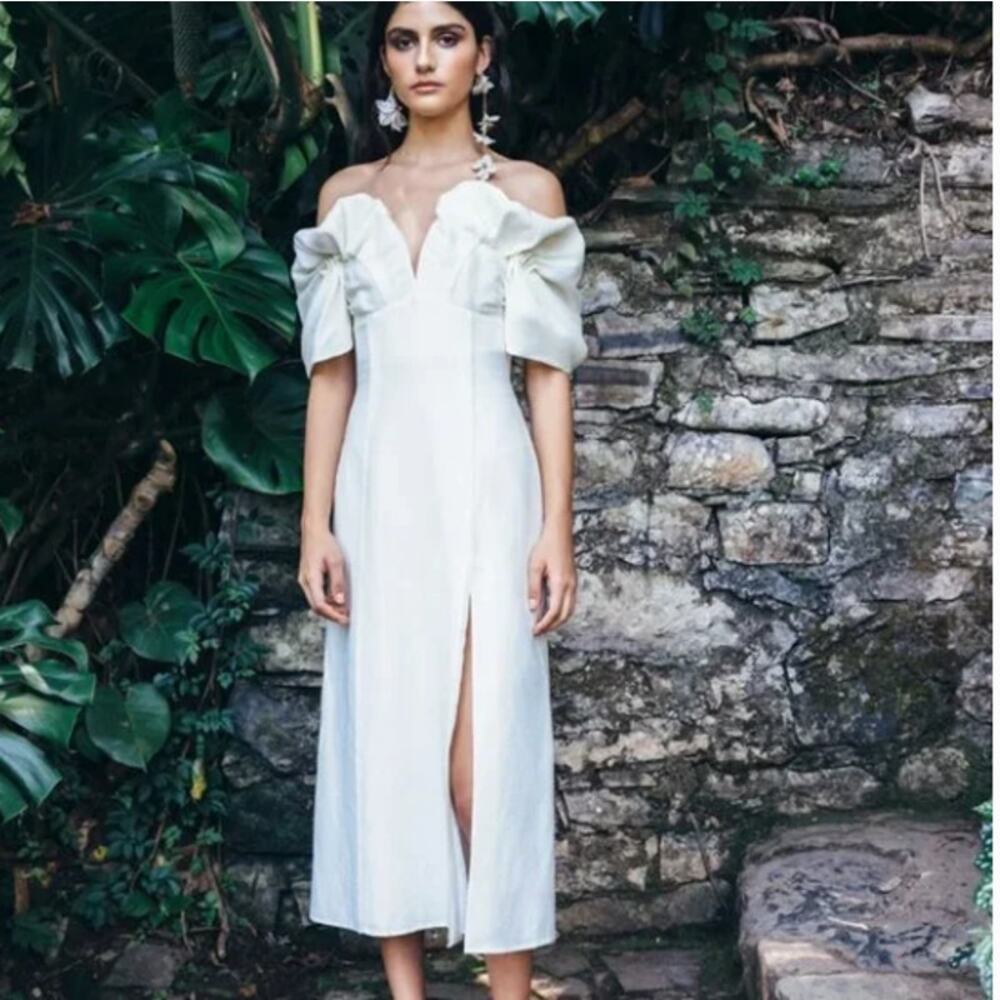 NWT Cult Gaia Muna Linen Raw Edge Cream Puff Sleeve Midi Dress 2 - Picture 2 of 9